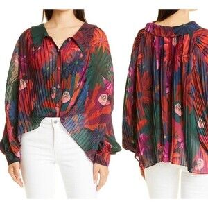 FARM Rio Women’s. Bird Flowers Pleated Shirt  Top   Tunic Multicolor Sz M